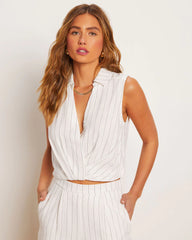 Tanya Pinstripe Linen Blend Wrap Front Top
