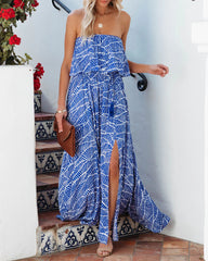Rosha Printed Strapless Tie Maxi Dress