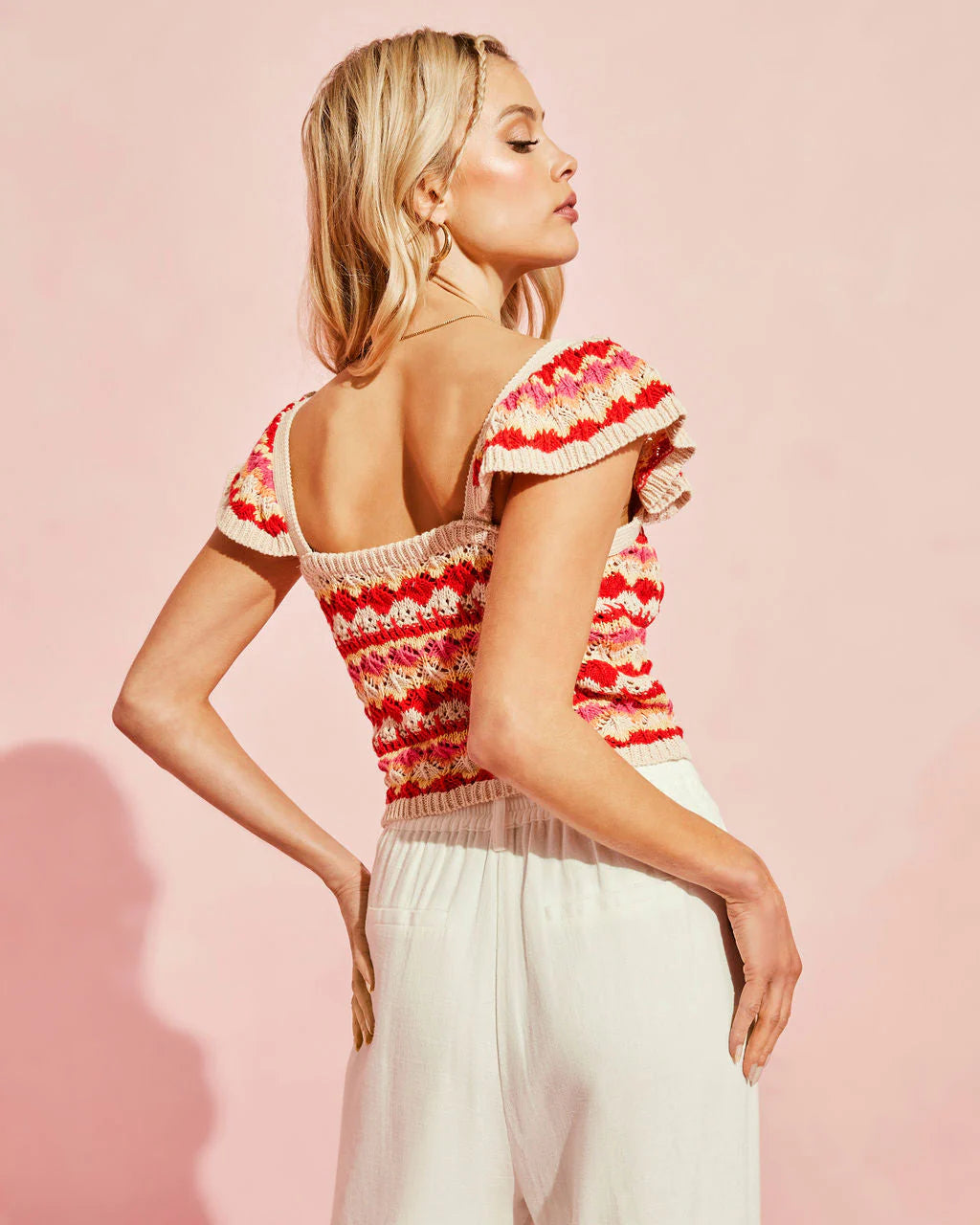 Josephine Cotton Crochet Knit Flutter Sleeve Top
