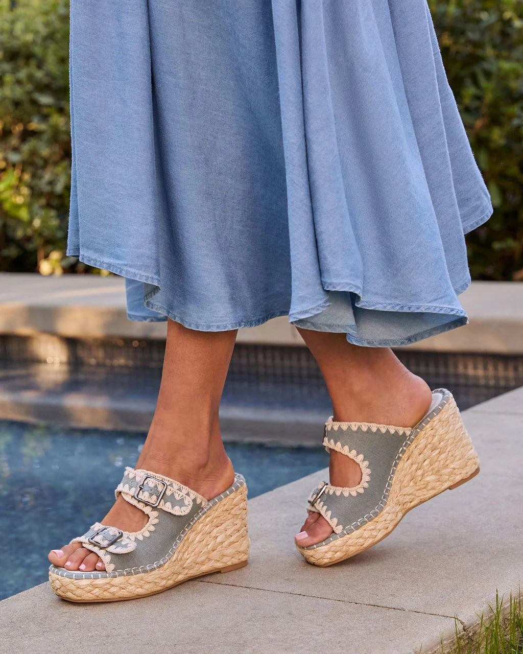 Roxanne Contrast Stitching Raffia Wedge Sandal
