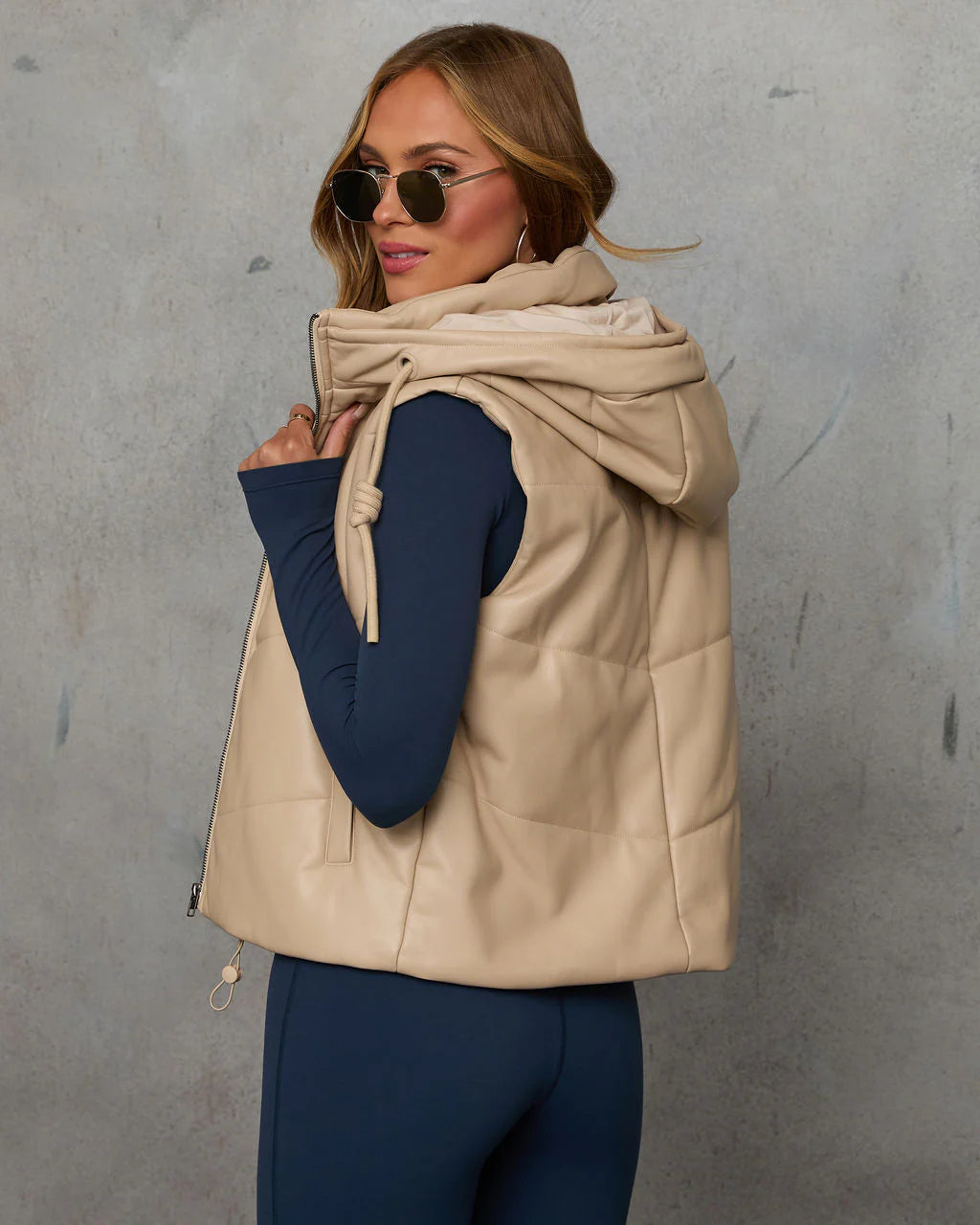 Shelton Pocketed Hooded Faux Leather Puffer Vest