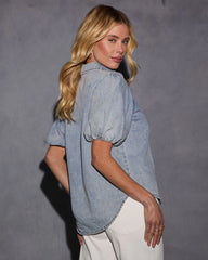 Dora Denim Short Sleeve Button Up Top