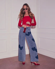 Lemin Heart Printed Denim Jeans
