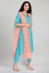 Blue Embroidered kurta-Trousers-Pink Dupatta Set