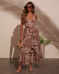 Daylight Drift Geo Print Waist Tie Midi Dress