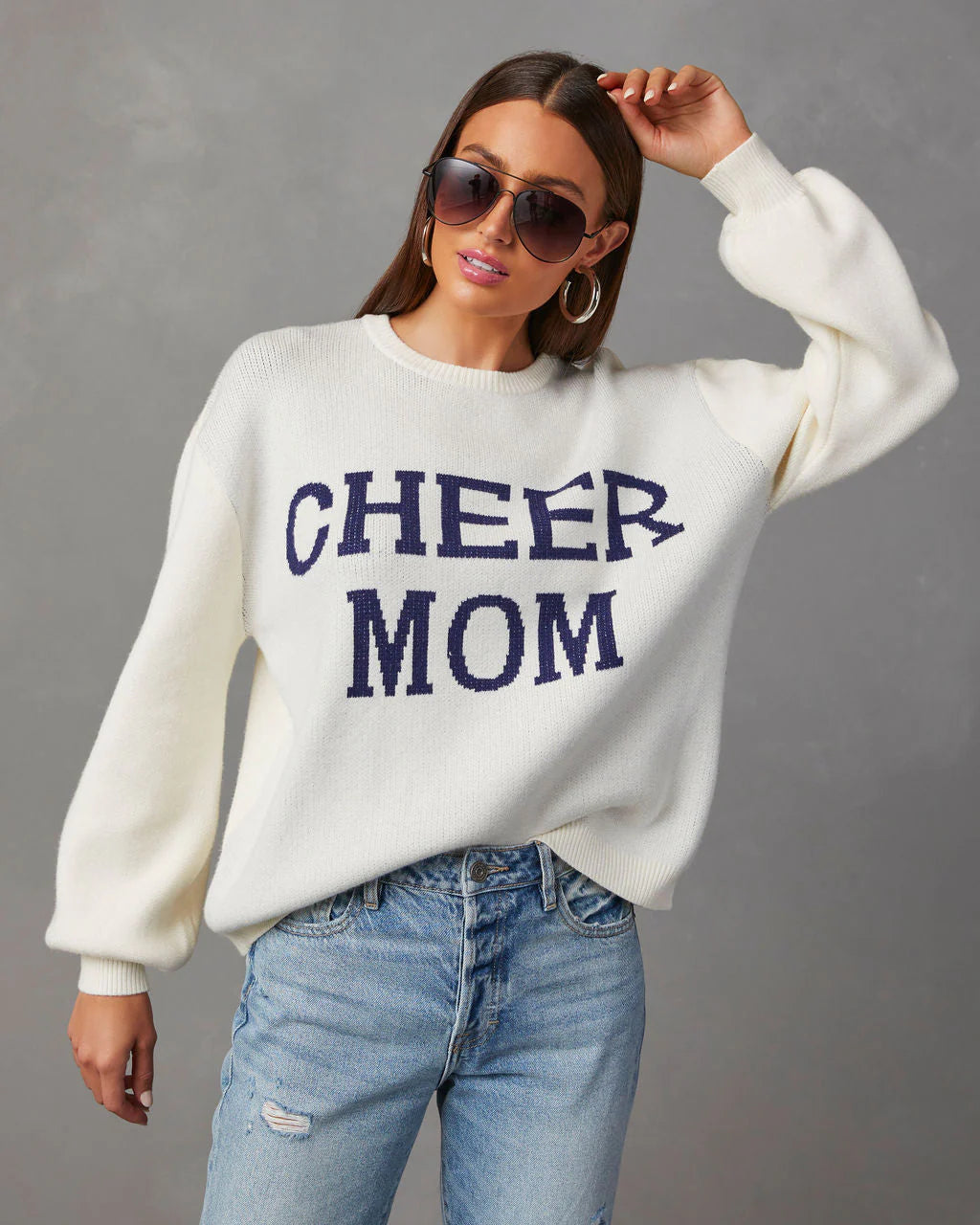 Cheer Mom Knit Pullover Sweater - Cream