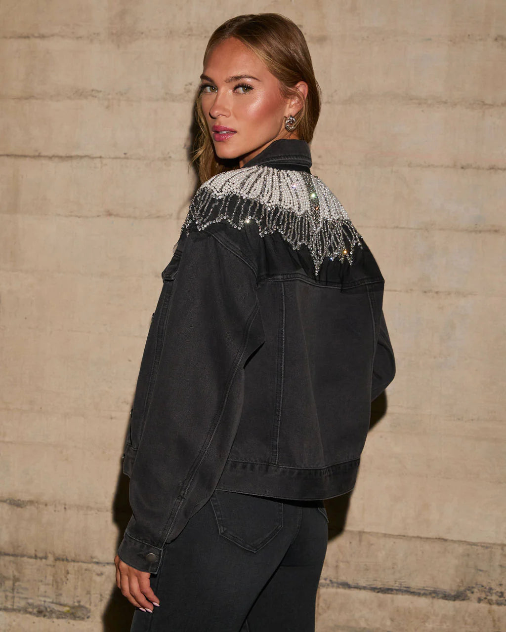 Delanie Pearl & Rhinestone Denim Jacket