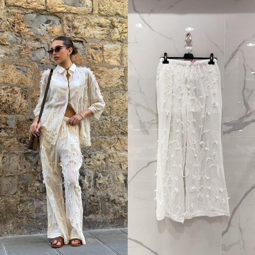 Draw String Wide Leg Pants With Embroidery Details