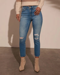 Jeanne High Rise Distressed Slim Straight Denim