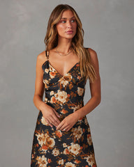 Sweet Sunflower Satin Floral Midi Dress