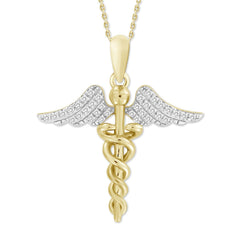 10KT Yellow Gold 1/10 CTW Diamond 24MM 18&quot; Angel Wings Caduceus Nurse Pendant