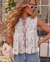 Sweet Blooms Pleated Front Tie Floral Top