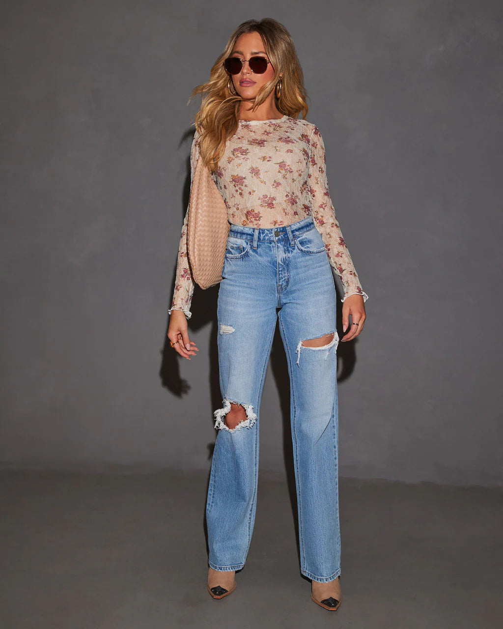 Rose Garden Printed Mesh Crew Neck Top