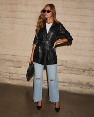 Cool Demeanor Tie Waist Faux Leather Jacket