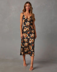 Sweet Sunflower Satin Floral Midi Dress
