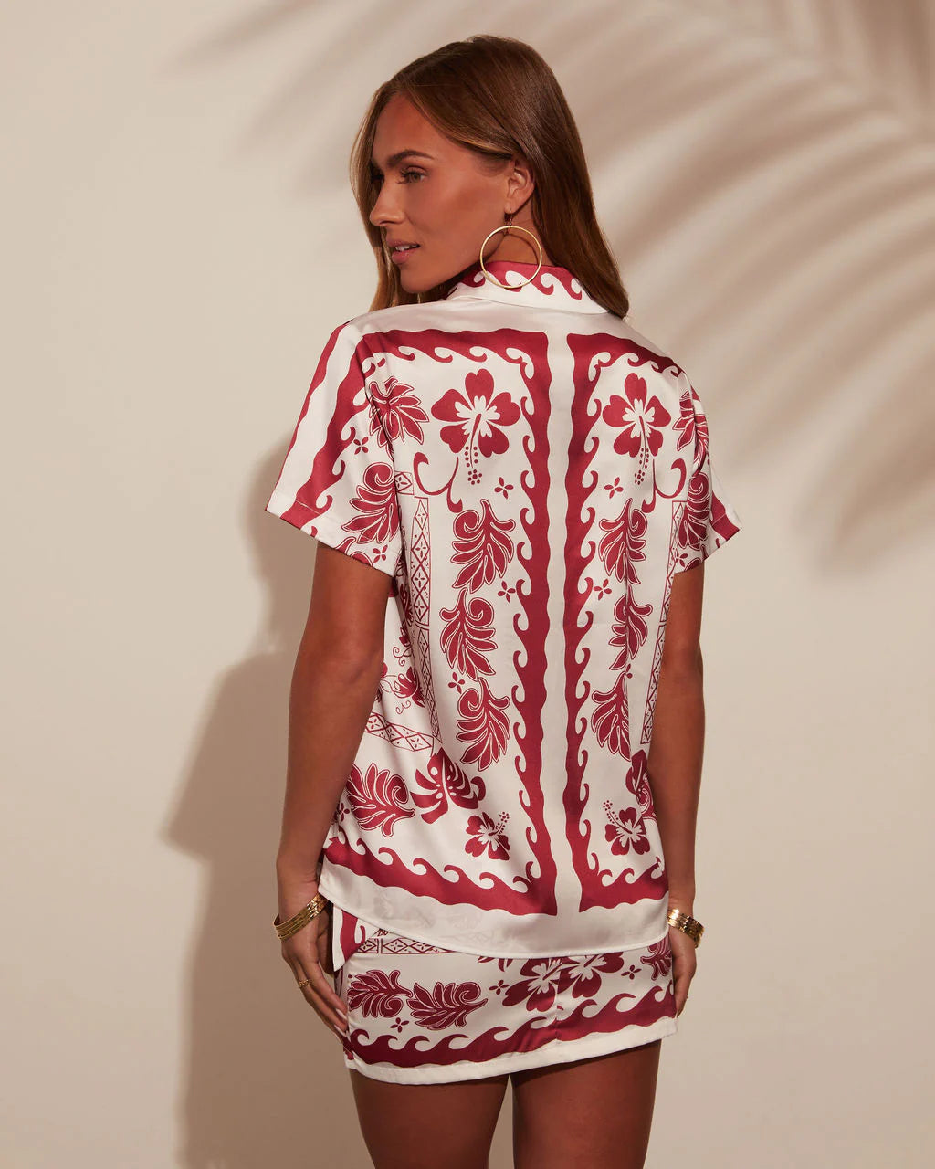 Fiesta del Sol Printed Satin Short Sleeve Blouse