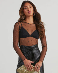 Nita Pearl Embellished Mesh Top