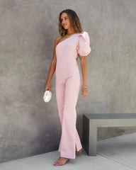 Robynn Cotton One Shoulder Flare Jumpsuit