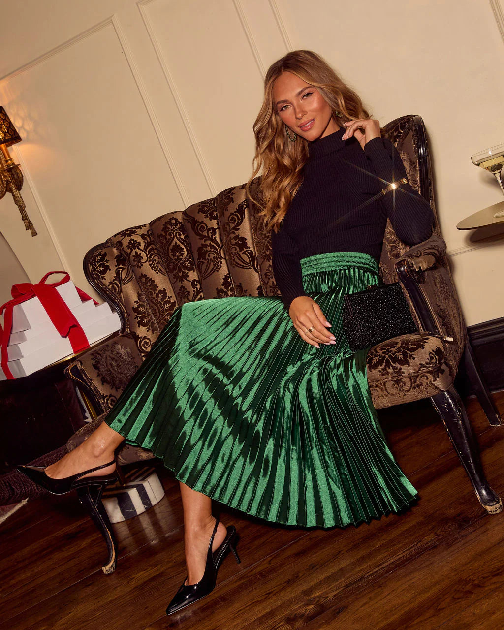 Home To You Pleated Satin Midi Skirt
