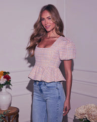 Happy Place Tweed Puff Sleeve Peplum Top