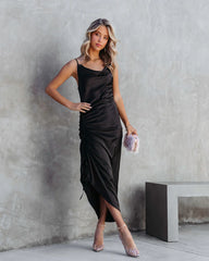 Juliana Satin Cowl Neck Ruched Asymmetrical Maxi Dress