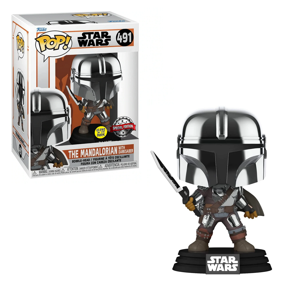Funko Pop! STAR WARS: Mandalorian with Darksaber [Chrome & GITD] #491 [SE]