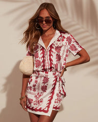 Fiesta del Sol Printed Satin Short Sleeve Blouse
