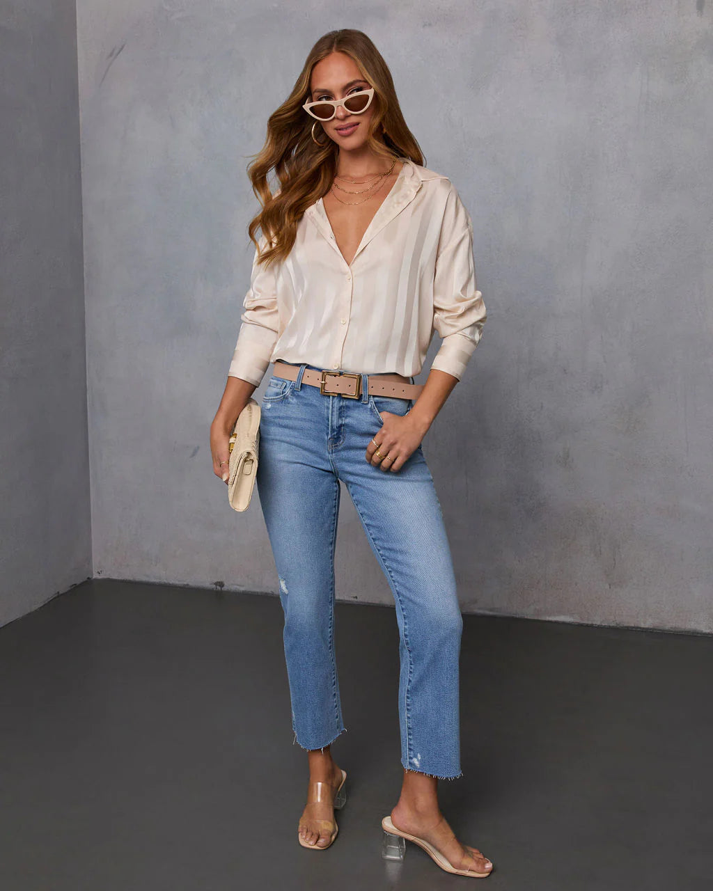 Una Striped Satin Collared Top