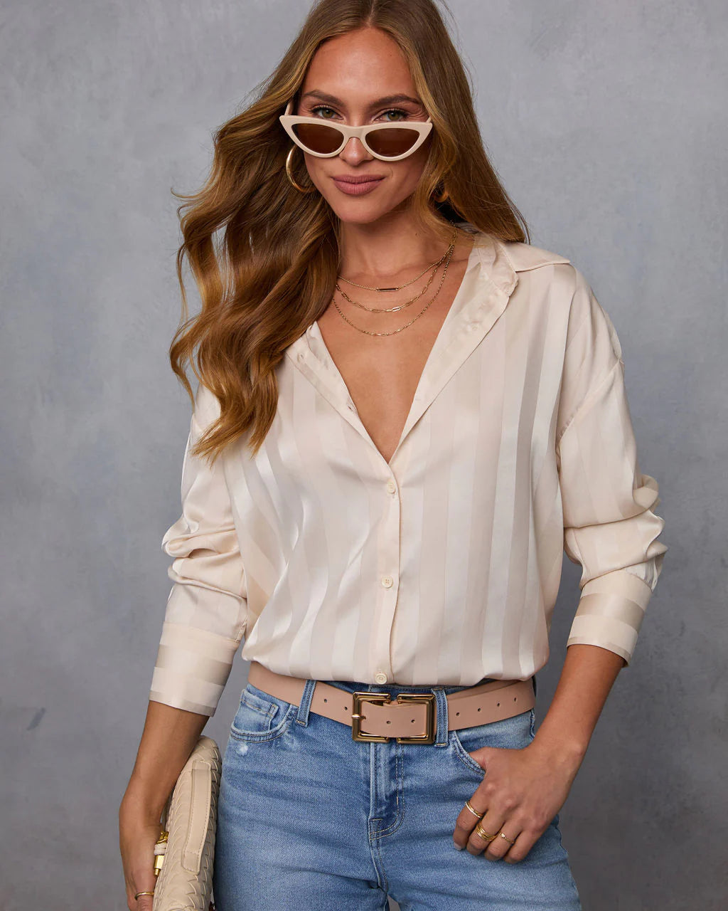 Una Striped Satin Collared Top