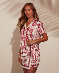 Fiesta del Sol Printed Satin Short Sleeve Blouse