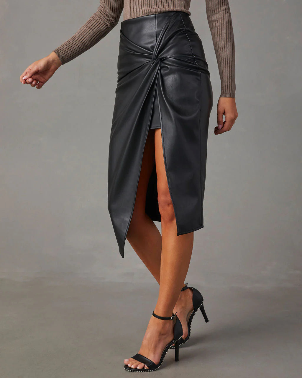 Like Wow Faux Leather Twisted Midi Skirt