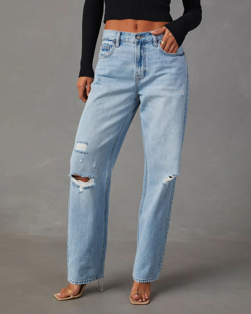 Sadine Distressed High Rise Straight Jeans