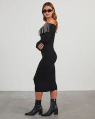 Dante Off The Shoulder Rhinestone Fringe Midi Dress