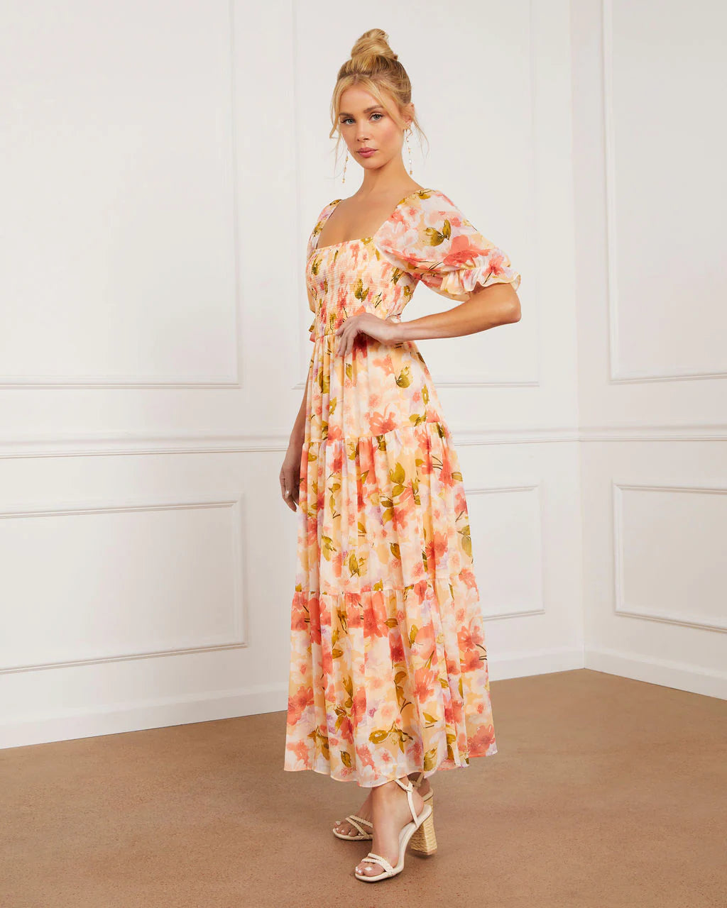 Floral Fantasy Skies Smocked Tiered Puff Sleeve Maxi Dress