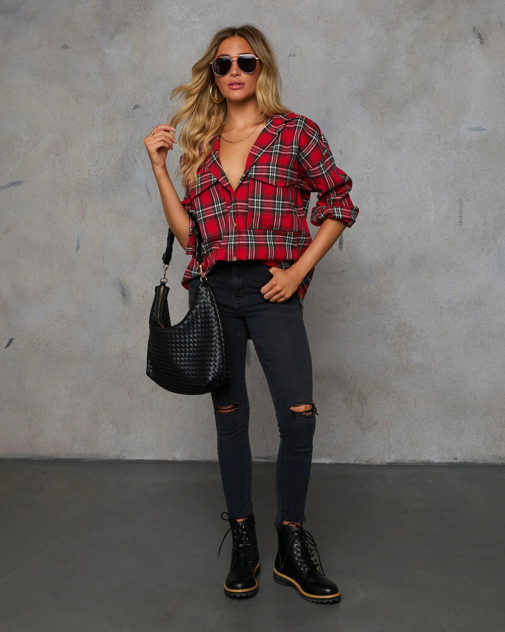 Petaluma Cotton Blend Plaid Button Down Top