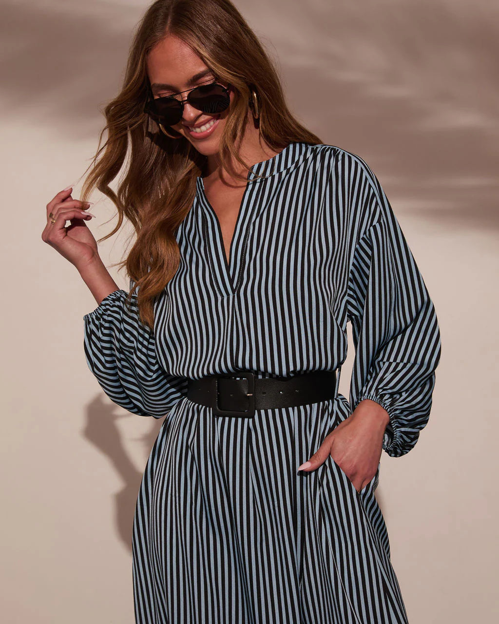 Dimarco Striped Pocketed Belted Midi Dress