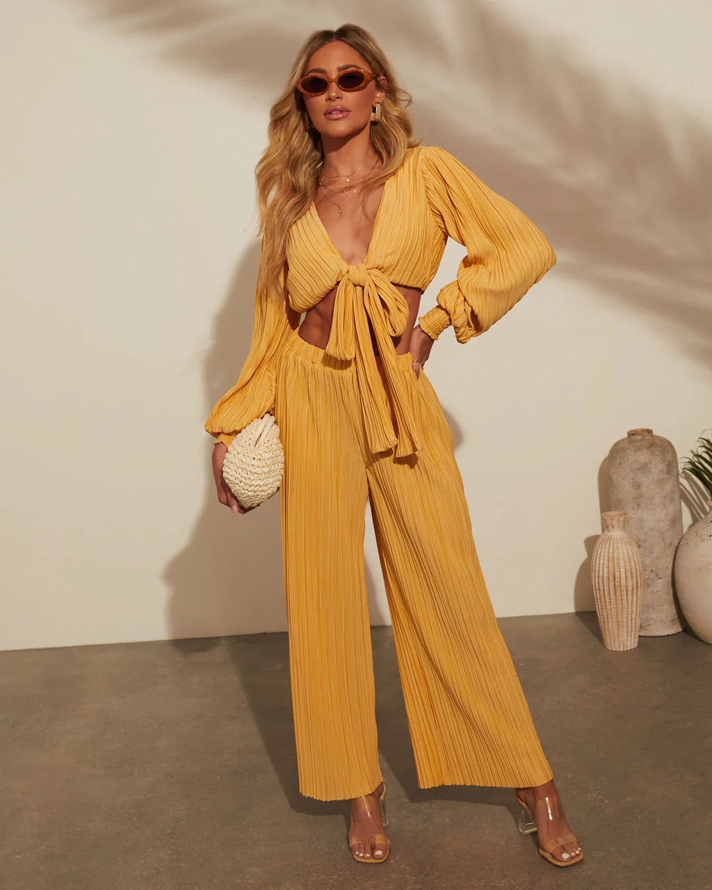 Ray Of Sunshine Long Sleeve Tie Crop Top