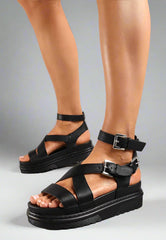 Black Chunky Platform Cross Over Strap Buckle Sandal