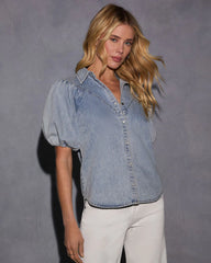 Dora Denim Short Sleeve Button Up Top