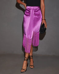 Soleni Satin Fringe Hem Midi Skirt