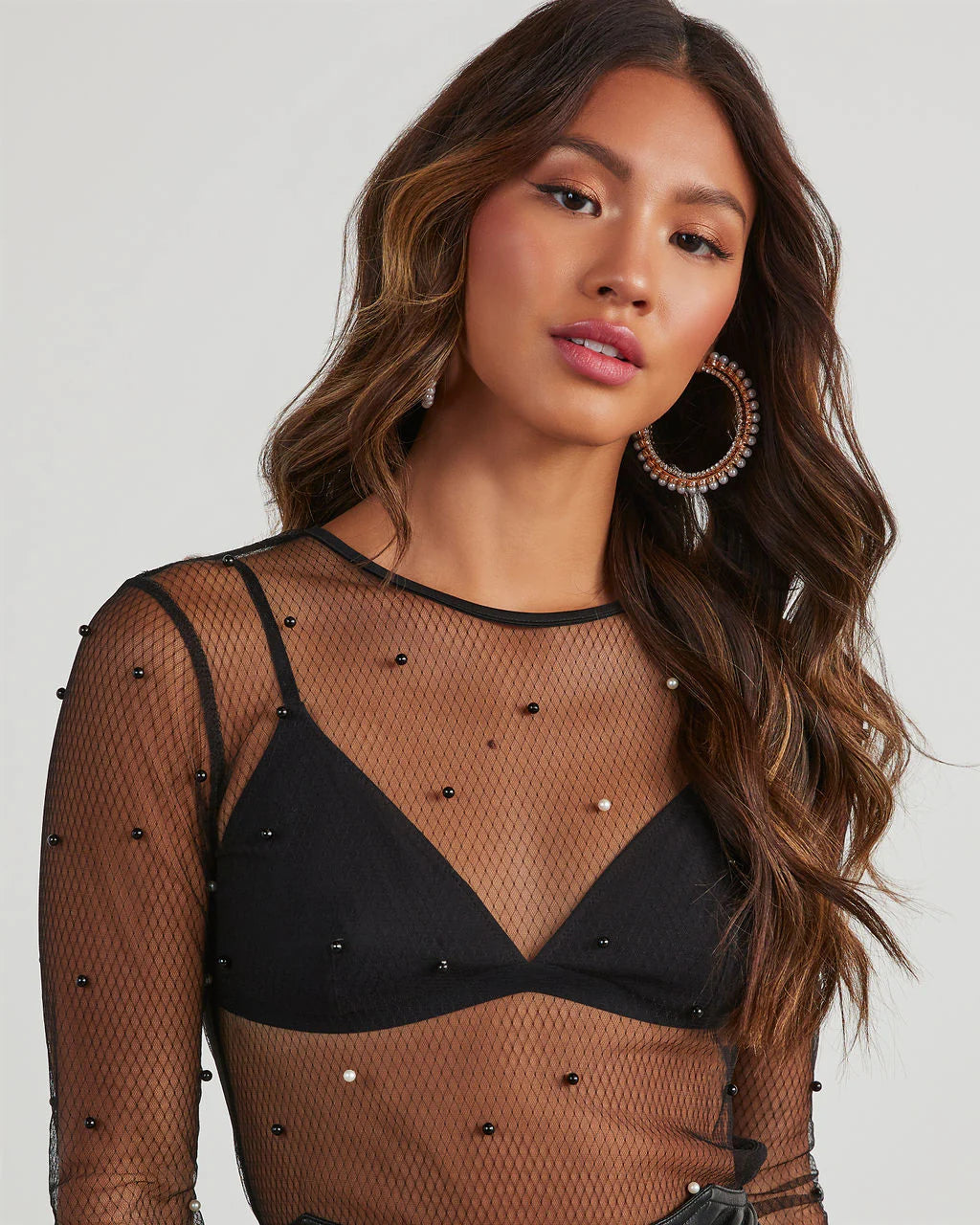Nita Pearl Embellished Mesh Top