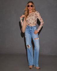 Rose Garden Printed Mesh Crew Neck Top
