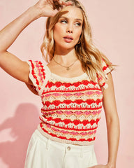 Josephine Cotton Crochet Knit Flutter Sleeve Top