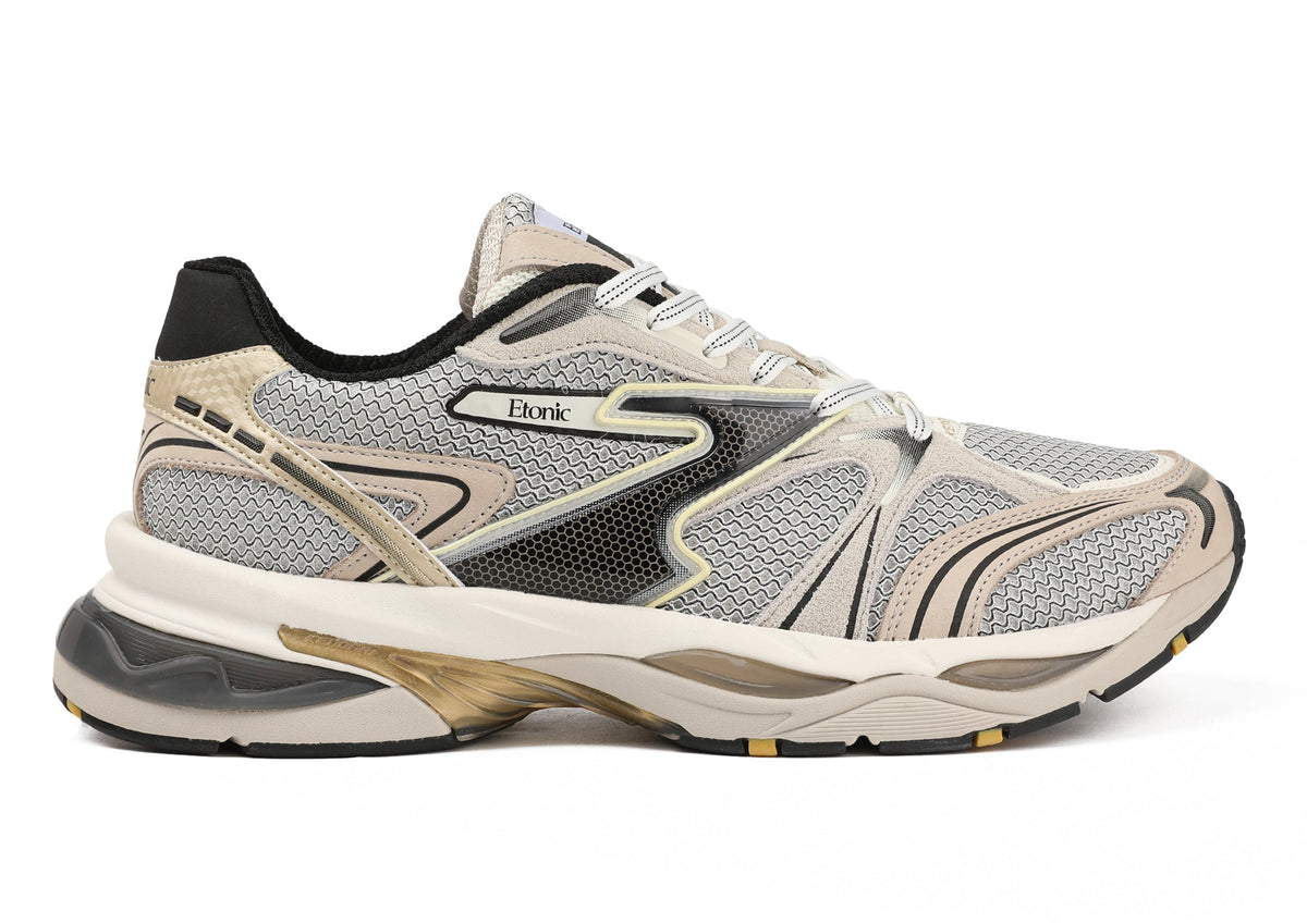 Etonic Kendari 3.0 sneakers in beige leather, off white mesh, matte gold inserts and black details.