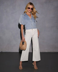 Dora Denim Short Sleeve Button Up Top