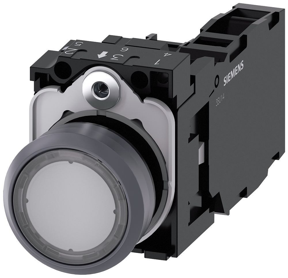 Siemens 3SU1133-0AB70-1FA0 Illuminated pushbutton, 22 mm, round, plastic with metal front ring, clear, pushbutton, flat, momentary contact type, with holder, 1 NO+1 NC, LED module with integrated LED 110 V AC, screw terminal