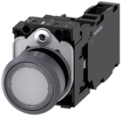 Siemens 3SU1133-0AB70-1FA0 Illuminated pushbutton, 22 mm, round, plastic with metal front ring, clear, pushbutton, flat, momentary contact type, with holder, 1 NO+1 NC, LED module with integrated LED 110 V AC, screw terminal