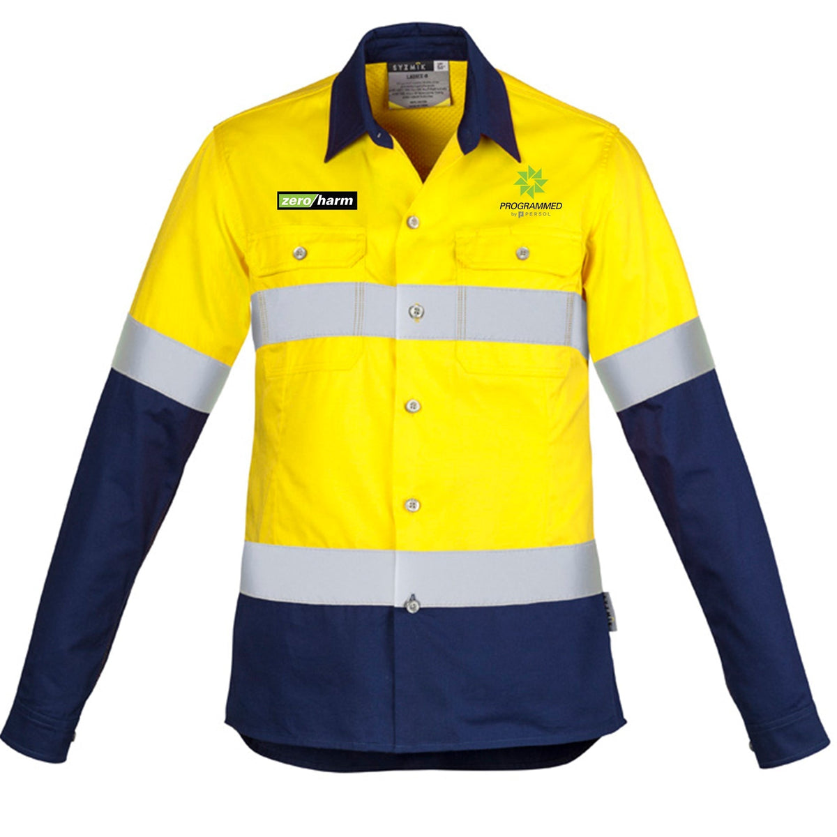 WOMENS HI VIS SPLICED INDUSTRIAL SHIRT - HOOP TAPED - YELLOW/NAVY