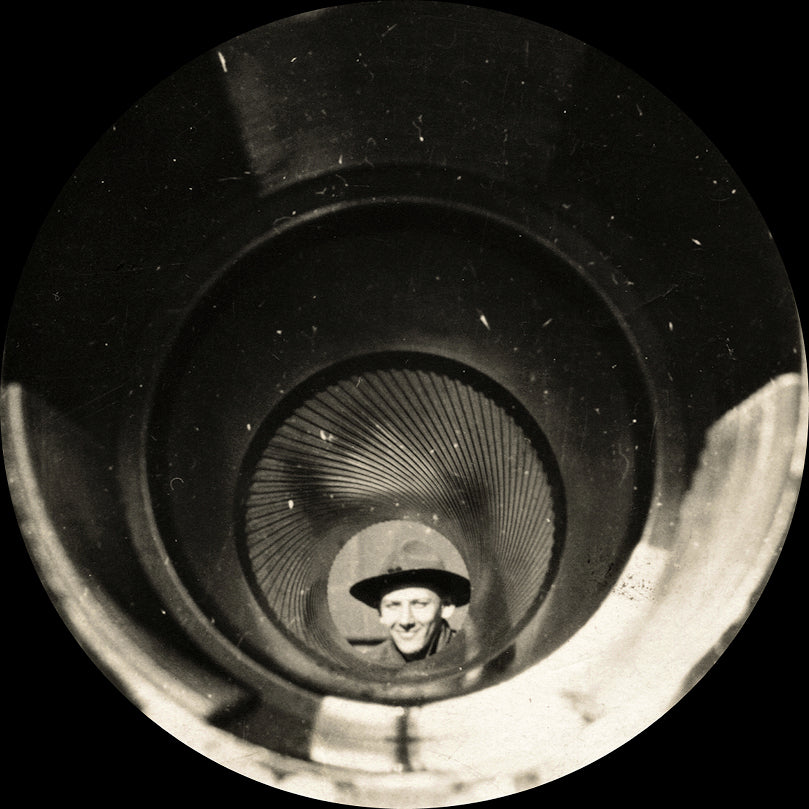 antique photo WWI soldier thru borehole of 12" mortar gun - unusual perspective