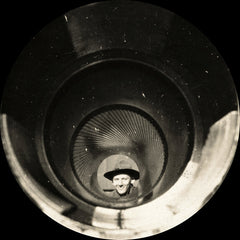 antique photo WWI soldier thru borehole of 12" mortar gun - unusual perspective